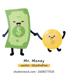 Dollar bill money finance cartoon character vector illustration