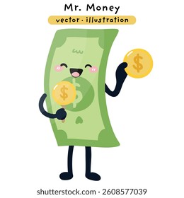 Dollar bill money finance cartoon character vector illustration