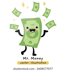 Dollar bill money finance cartoon character vector illustration