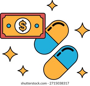 Un billete de un dólar está al lado de dos píldoras. El billete de un dólar está a la izquierda y las píldoras a la derecha