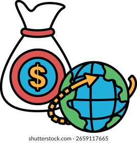 Un billete de un dólar está en un globo verde con una flecha roja apuntando hacia arriba. El globo está rodeado por una bolsa roja y blanca