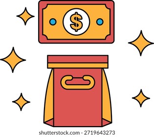 A dollar bill is on top of a bag. The dollar bill is worth one dollar. The bag is empty
