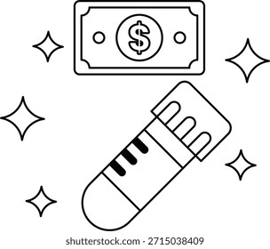 A dollar bill is on top of a dollar bill. The dollar bills are surrounded by a star pattern