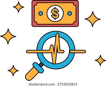Un billete de un dólar está encima de un billete de un dólar. Los billetes de dólar están rodeados por un círculo con una lupa en el medio