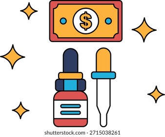 Un billete de un dólar está encima de una botella de medicina. El frasco está al lado de una jeringa