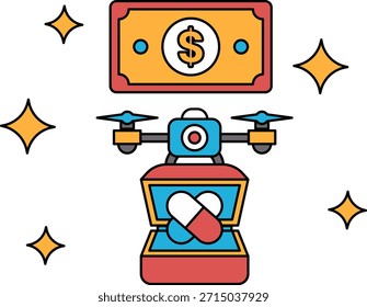 Un billete de un dólar está encima de una caja con una cámara y una píldora dentro. La Imagen pretende transmitir la idea de que el dinero se utiliza para comprar algo, como una cámara o una medicina
