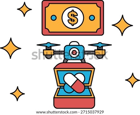 A dollar bill is on top of a box with a camera and a pill inside. The image is meant to convey the idea of money being used to purchase something, like a camera or medicine