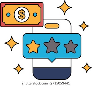 Uma nota de um dólar está em cima de um celular de três estrelas. A nota de um dólar está em cima do celular porque é um símbolo de dinheiro e o celular é um símbolo de tecnologia