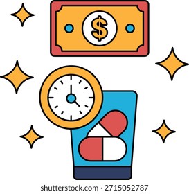 Un billete de un dólar está encima de un reloj y un vaso de pastillas. Concepto de que el tiempo y el dinero son bienes valiosos