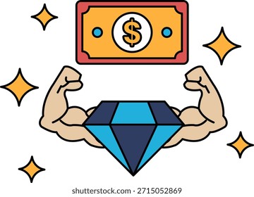 Un billete de un dólar está encima de un diamante. El diamante está rodeado por muchas estrellas