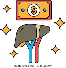Uma nota de um dólar está sobre um desenho de um fígado. A nota de um dólar é cercada por um padrão de estrelas