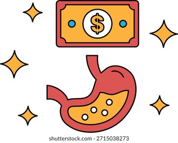 Un billete de un dólar está encima de un dibujo de un estómago. El billete de un dólar está rodeado de estrellas