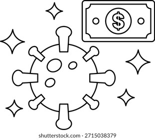 Un billete de un dólar está encima de un dibujo de un virus. El billete de un dólar está rodeado por un círculo de estrellas