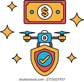 Un billete de un dólar está encima de un billete de un dólar. Un dron vuela por encima de los billetes de un dólar. El dron está protegido por un escudo