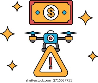 Un billete de un dólar está encima de un dron. El dron está en un pedazo de papel con un triángulo rojo