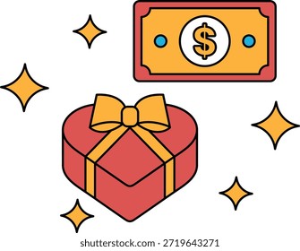 A dollar bill is on top of a heart. The dollar bill is worth one dollar. The heart is a symbol of love