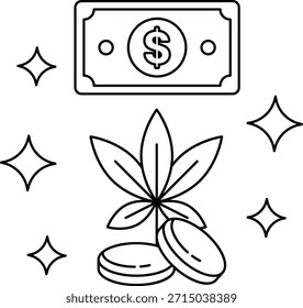 Un billete de un dólar está encima de una planta de hoja verde. El billete de dólar está rodeado por tres monedas