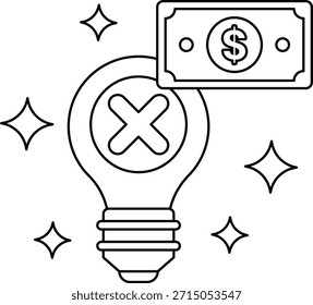 Un billete de un dólar está encima de una bombilla con una X a través de ella. La Imagen Guardar transmite la idea de que el dinero no siempre vale la pena y que a veces es mejor apagar la luz y la energía