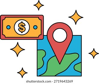 Un billete de un dólar está encima de un mapa con un alfiler. El billete vale un dólar y el mapa es una representación de una ubicación