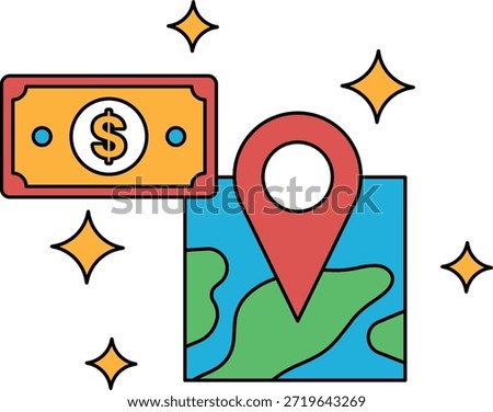 A dollar bill is on top of a map with a pin on it. The dollar bill is worth one dollar and the map is a representation of a location