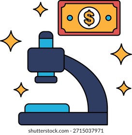 Un billete de un dólar está encima de un microscopio. El billete de un dólar es brillante y tiene muchos destellos. El microscopio es negro y tiene una superficie brillante