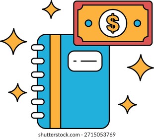 Un billete de un dólar está encima de un cuaderno. El billete de un dólar brilla y tiene una estrella. El cuaderno es negro y tiene un borde blanco. Concepto de dinero y organización