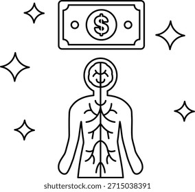 Un billete de un dólar está encima de la cabeza de una persona. La persona está sonriendo y el billete de un dólar está brillando
