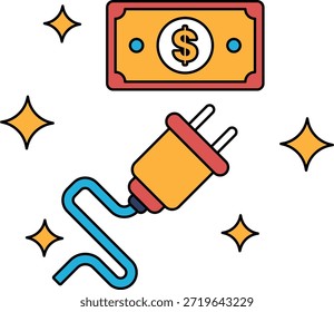 Un billete de un dólar está encima de un enchufe. El enchufe está conectado a un cable