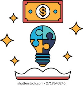 Uma nota de um dólar está sobre uma peça de um quebra-cabeça. A peça do quebra- cabeça é iluminada como uma lâmpada