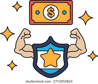 A dollar bill is on top of a shield with a star. The shield is meant to represent protection and the dollar bill represents wealth. The image conveys the idea that wealth can be protected
