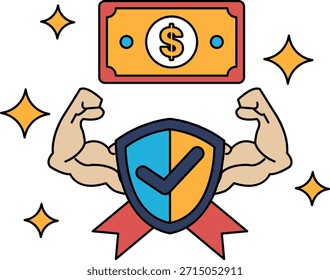 Un billete de un dólar está encima de un escudo con una marca de verificación en él. El escudo está rodeado de estrellas