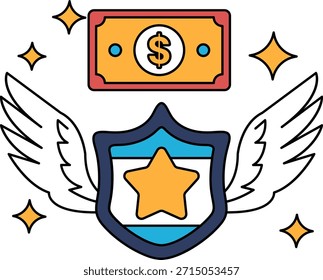 A dollar bill is on top of a shield with wings. The shield has a star on it
