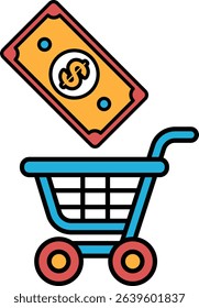 A dollar bill is on top of a shopping cart. The cart is blue and has a red wheel