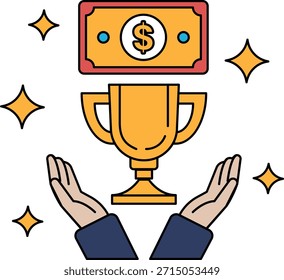 Un billete de un dólar está encima de un trofeo. El billete de dólar está rodeado por dos manos, una a cada lado del trofeo. Concepto de éxito y logro, ya que el billete de un dólar representa una ganancia financiera