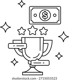 Un billete de un dólar está encima de un trofeo. El trofeo está rodeado por tres estrellas. Concepto de ganar y ser recompensado por el éxito