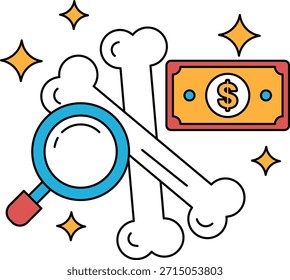 Un billete de un dólar está encima de dos huesos. Los huesos se colocan de una manera que parecen estar asomándose por debajo del billete de un dólar. La Imagen tiene un toque juguetón y caprichoso