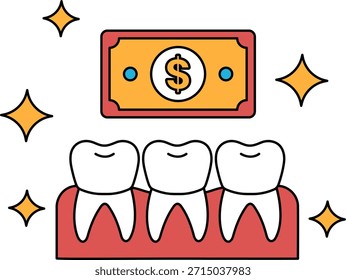 Un billete de un dólar está en una pared al lado de tres dientes. Los dientes se muestran en una línea, siendo los dientes superiores los más visibles