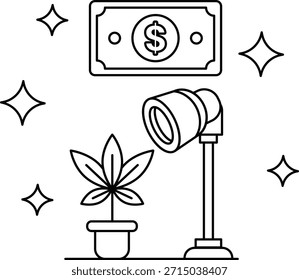 Un billete de un dólar está en una pared al lado de una planta. El billete de un dólar está rodeado por un montón de estrellas