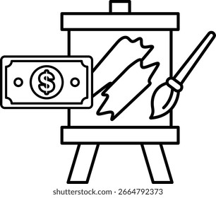 A dollar bill is on a white background. A paintbrush is next to the dollar bill