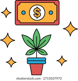 Un billete de un dólar está sobre un fondo blanco. Una planta está al lado del billete de un dólar