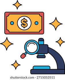 A dollar bill is on a white background with a magnifying glass. The dollar bill is surrounded by a lot of stars