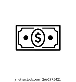 Dollar bill outline vetor icon, um desenho de arte de linha simples de uma nota para conceitos de dinheiro, finanças e moeda.