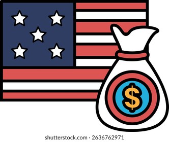 A dollar bill is placed on top of a red, white, and blue American flag. The dollar bill is inside a bag, which is positioned below the flag. Concept of wealth and prosperity