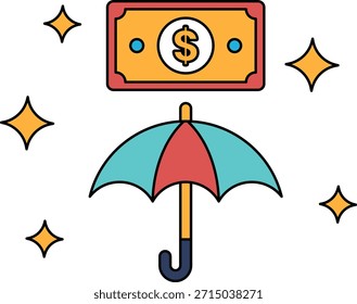 Ein Dollarschein wird auf einen offenen Regenschirm gelegt. Der Regenschirm befindet sich über dem Dollarschein, wobei der Schein auf dem Schirmdach zu ruhen scheint. Schutz- und Sicherheitskonzept