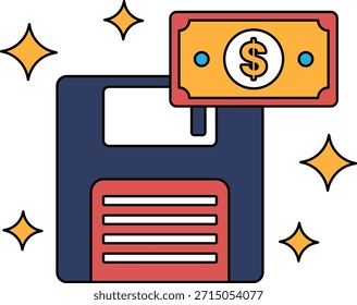 Un billete de un dólar se coloca encima de un disquete. Concepto de dinero y tecnología