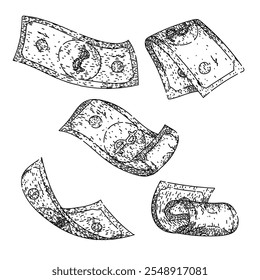 dollar bill set hand drawn. cash greenback, banknote finance, trade exchange dollar bill vector sketch. isolated black illustration