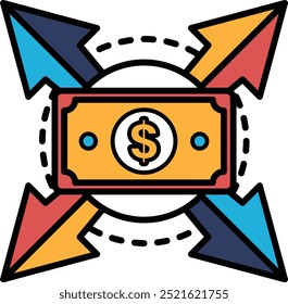 A dollar bill is shown with a arrow. Concept of financial loss or decline