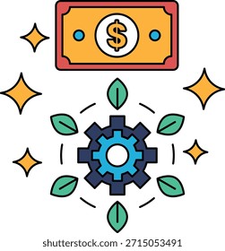Un billete de un dólar se muestra con un engranaje y una hoja. El billete de un dólar está rodeado por un círculo de estrellas