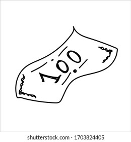 Pieza de billete de dólar con doodle tradicional. Iconos Esbozados Mano Hecho. Arte de línea de vectores de diseño