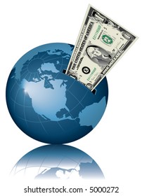 A dollar bill sticking out of a slot on the earth
